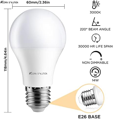 AcornSolution A19 LED Ampul, 14W, 100W Eşdeğeri,E26 Orta Vidalı Taban, 3000K Sıcak Beyaz Kısılabilir Olmayan 6'lı Paket