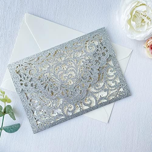 KUCHYNEE 5. 1x7. 1 inç Zarflar ile 50 ADET Gümüş Glitter Flora Lazer Kesim Düğün davetiyesi Cep Quinceanera için Düğün Davetiyeleri