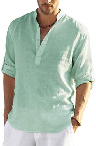 COOFANDY erkek Pamuk Keten Henley Gömlek Uzun Kollu Hippi Rahat Plaj T Shirt Ordu Yeşil