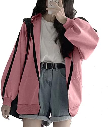 Huarll Womens Tam Zip Renk Blok Hoodie Sweatshirt Casual Uzun Kollu Mektup Baskı Temel Kapüşonlu Ceket Cepler ıle Tops