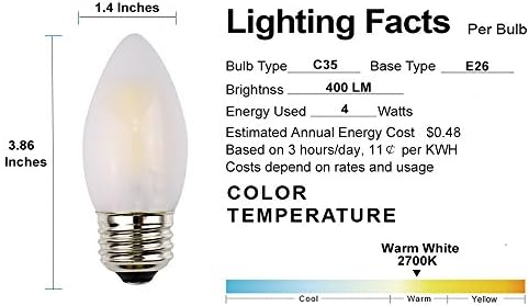 OPALRAY C35 4W (40W Akkor Eşdeğeri) LED Candelabra Bulb with E26 Common Base, LED Filament Lamba, Sıcak Beyaz Aydınlatma 2700K,