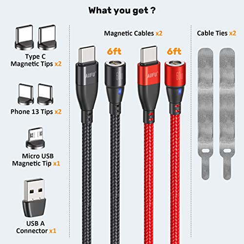 6 in 1 USB A & Tipi C için C PD Hızlı Şarj Manyetik şarj kablosu 6ft, AUFU 60 W USB C için USB C Manyetik Hızlı şarj kablosu