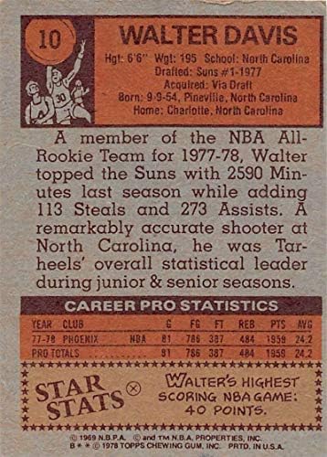 1978-79 Topps Basketbol Seti Break Üç 10 Walter Davis RC Çaylak Kartı Phoenix Suns Topps Şirketinden Resmi NBA Ticaret Kartı