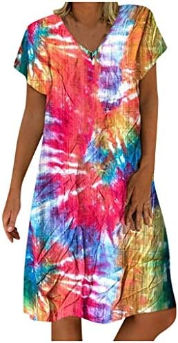 Artı Boyutu Mini Elbise Kadınlar için Kravat Boya Renk Blok V Yaka Midi Elbise Kısa Kollu Hafif Yaz rahat elbise