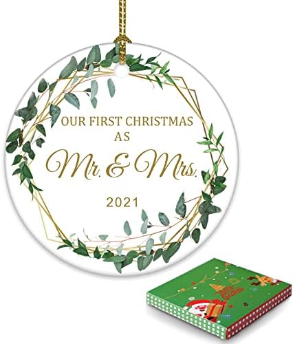 DINJIN Ilk Noel Süs Olarak Mr Mrs 2021 Çiftler için Yeni Evli Benzersiz Noel Süs, Düğün Süs, Eve Taşınma Hediye (Yeşil-Mr &