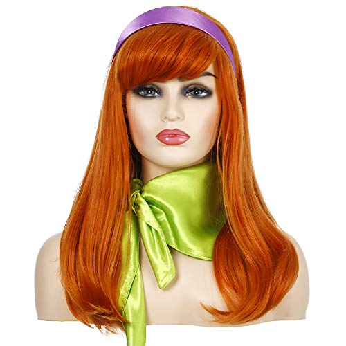 Kadınlar için Patlama ile Uzun Dalgalı Zencefil Turuncu Peruk / Yeşil Eşarp / Mor Kafa Bandı (Yetişkin Boyutu)