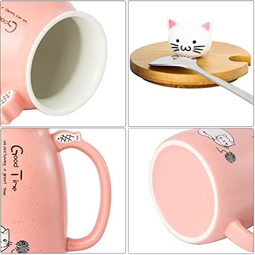 15 oz Sevimli Kedi Kahve Kupa, seramik Çay Bardağı Süt Kupa ile Güzel Kitty Bambu kapak ve Paslanmaz Çelik Kaşık, Kawaii Karikatür