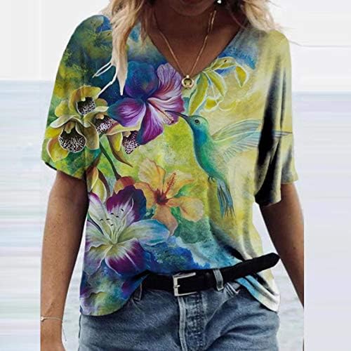 KEYEE Kadın T Shirt Renkli Baskı Çiçek T Shirt Yaz Moda Rahat Kısa Kollu V Yaka Kazak Tops T-Shirt Bluzlar