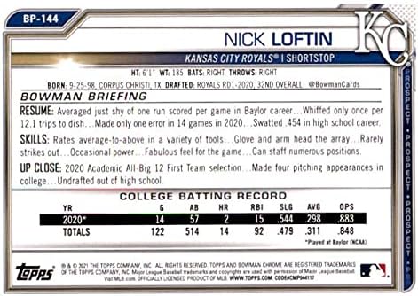 2021 Bowman Umutları BP-144 Nick Loftin Kansas City Royals MLB Beyzbol Ticaret Kartı