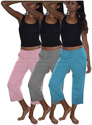 Seksi Temelleri kadın 3 Paket Yumuşak Flex-Pamuk Örgü Pijama Pantolon / Salon Pantolon / Uyku Pantolon-Capri-Yoga Tarzı Pantolon