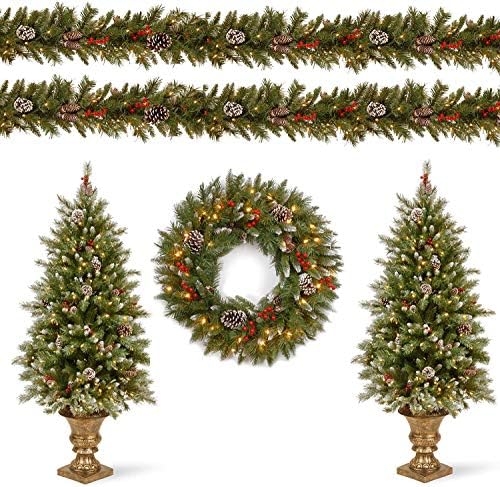 Ulusal Ağaç Şirketi Önceden aydınlatılmış Tatil Noel 5 Parçalı Set / Çelenk, Beyaz ışıklı 2 Giriş Ağacı ve Çelenk Seti