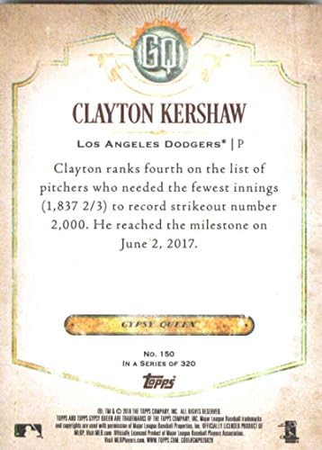 2018 Topps Çingene Kraliçesi 150 Clayton Kershaw Los Angeles Dodgers Resmi MLB Beyzbol Ticaret Kartı Ham (NM veya Daha İyi)