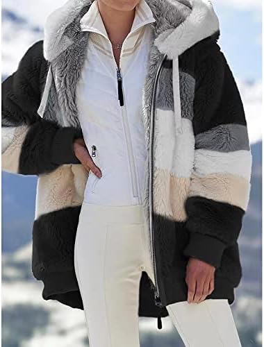 Mayntop Kadın Ceket Kapşonlu Katı / Renk Blok Flanel Polar Astarlı Artı Boyutu Cep Gevşek Fermuar Sıcak Giyim