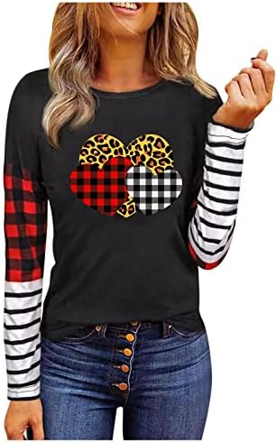 Sevgililer Günü Gömlek Kadınlar için, Tatlı Aşk Kalp Baskı Grafik Tee Tops Buffalo Ekose Çizgili Ekleme T-Shirt Tops