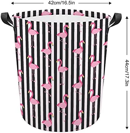 Flamingo Siyah Ve Beyaz Çizgili çamaşır torbası Kolları İle Yuvarlak Sepet Su Geçirmez Depolama Sepeti Katlanabilir 16. 5x17.