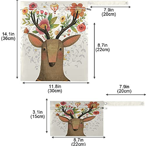visesunny Modern geyik ile çiçek Boynuz 2 adet ıslak çanta ile fermuarlı cepler Yıkanabilir kullanımlık Ferah Bezi Çanta için