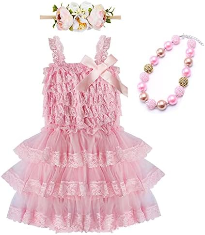 Çocuk Kız Kabarık Parti Tutu Elbise Kız Dantel Prenses Doğum Günü Resim Elbise ile Çiçek Kafa Bandı ve Kolye Seti