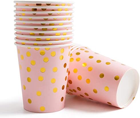 200 Adet Pembe Tek Kullanımlık Kağıt Tabaklar Bardaklar Peçeteler Set-Parti Malzemeleri, Pembe üzerinde Altın Noktalar 50 Yemek
