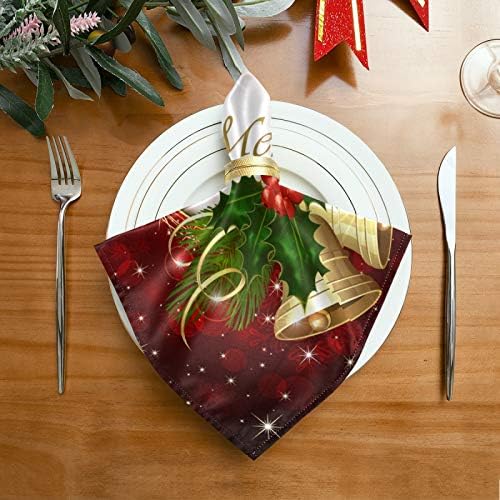 Exnundod Noel Bells Peçete Bez 6 Set Glitter Kırmızı Holly Kış Yemeği Peçeteler Bez Tatil Mevsimsel Çiftlik Dekoratif Yıkanabilir