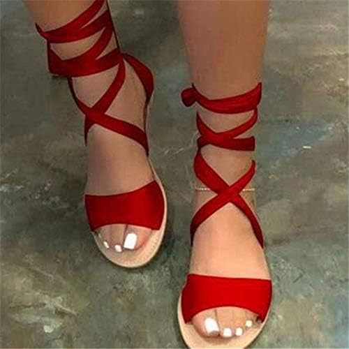 Aniywn Dantel Up Ayak Bileği Kayışı Sandalet Kadınlar için Düz Gladyatör Sandalet Yaz Burnu açık Kravat Up Elbise Ayakkabı