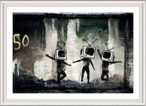 Banksy tarafından Alonline Art-Tv Kafaları / %100 pamuklu tuval üzerine basılmış, köpük tahtaya tutturulmuş beyaz çerçeveli