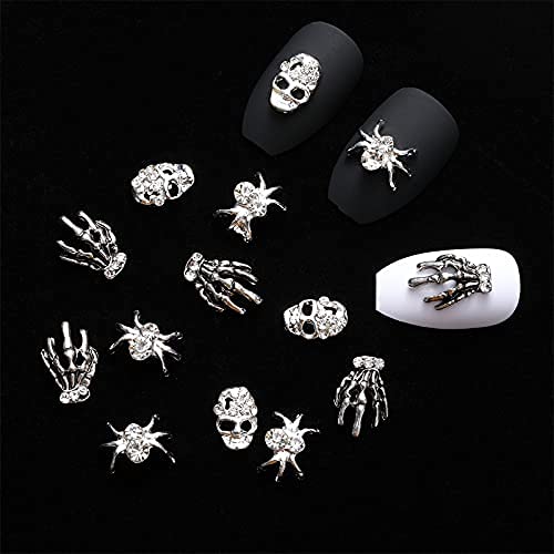 120 Adet Cadılar Bayramı Kafatası Tırnak Takılar Gümüş 3D Örümcek Rhinestones İskelet El Tırnak Sanat Süslemeleri Metal Örümcek