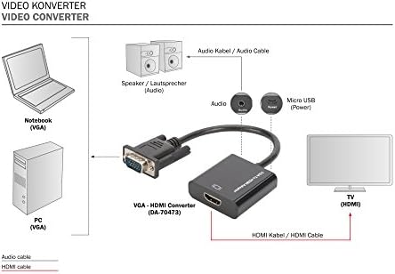 DIGITUS VGA Grafik Ses Adaptörü, VGA + 3,5 mm Jak-HDMI, Full HD 60 Hz, 1920 x 1080 Piksel, Siyah