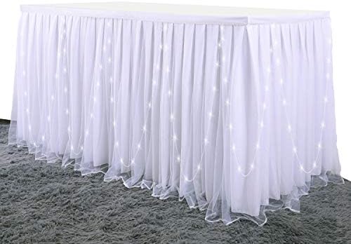 Beyaz masa etek için LED ışıkları ile tül Tutu etek dikdörtgen masa için parti bebek duş düğün masa örtüsü doğum günü cinsiyet