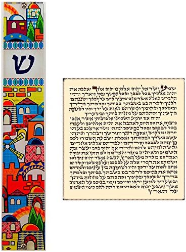 TALISMAN4U Renkli Kudüs MEZUZA DURUMDA Kaydırma İbranice Parşömen İsrail Sanat Judaica Kapı Mezuza 5 İnç