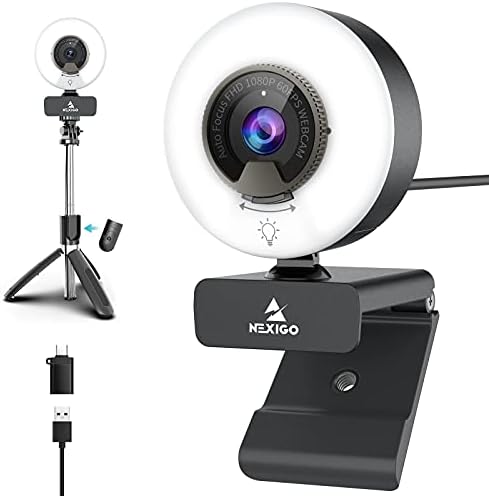 Selfie Tripodlu 60FPS 1080P Akış Kamerası, Halka Işıklı ve Gizlilik Kapaklı NexiGo Otofokus USB Web Kamerası, Zoom/Skype/Teams/Webex,