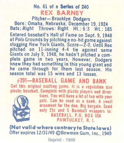 1988 Kart Koleksiyoncusu 1949 Bowman Basım Beyzbol 61 Rex Barney Brooklyn Dodgers İkonik 1949 Bowman Setinin Resmi KOPYA